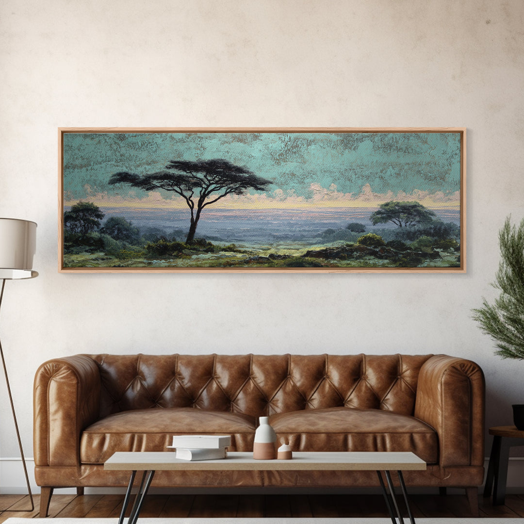 Wide Savanna with Acacia Silhouette Canvas Print, Landscape Art, Digital Wall Art, Living Room Decor, Fine Art, Horizon, LAN-3x1-83