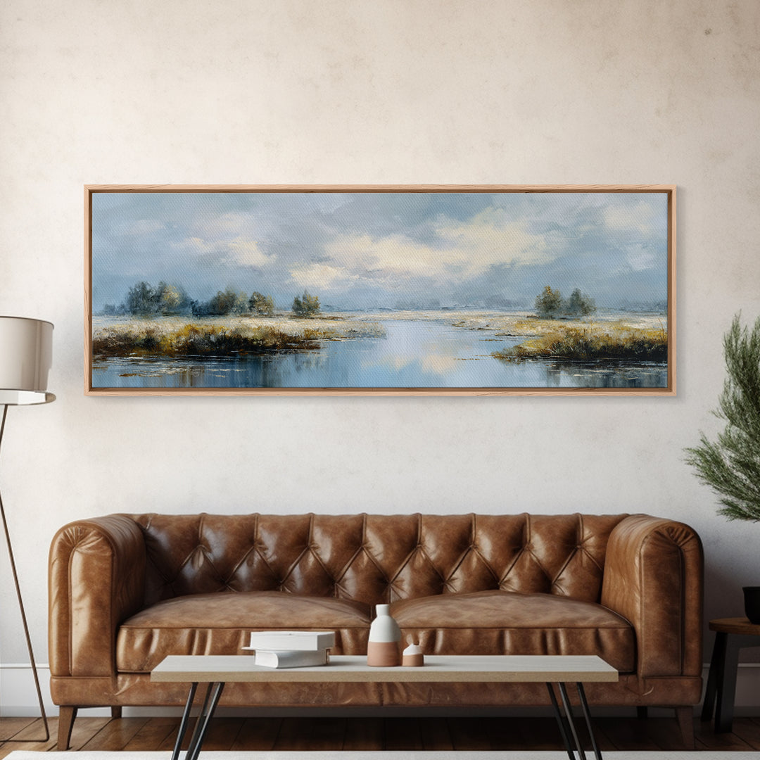 Moonlit River with Silver Reflections Canvas Print, Landscape Art, Floral Wall Art, Living Room Decor, Fine Art, Horizon, LAN-3x1-85