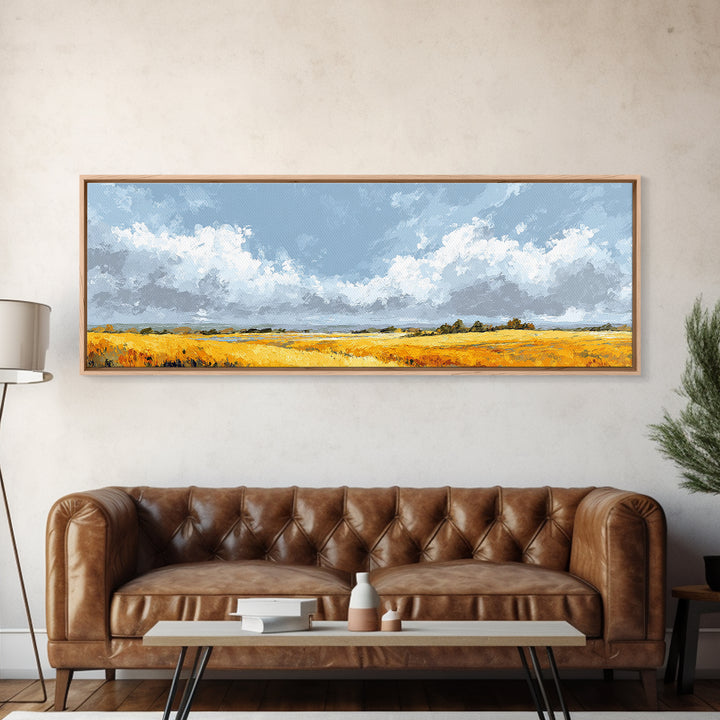 Golden Wheat Field Beneath Huge Clouds Canvas Print, Landscape Art, Wall Art, Living Room Decor, Horizon, Framed Wall Art, LAN-3x1-88