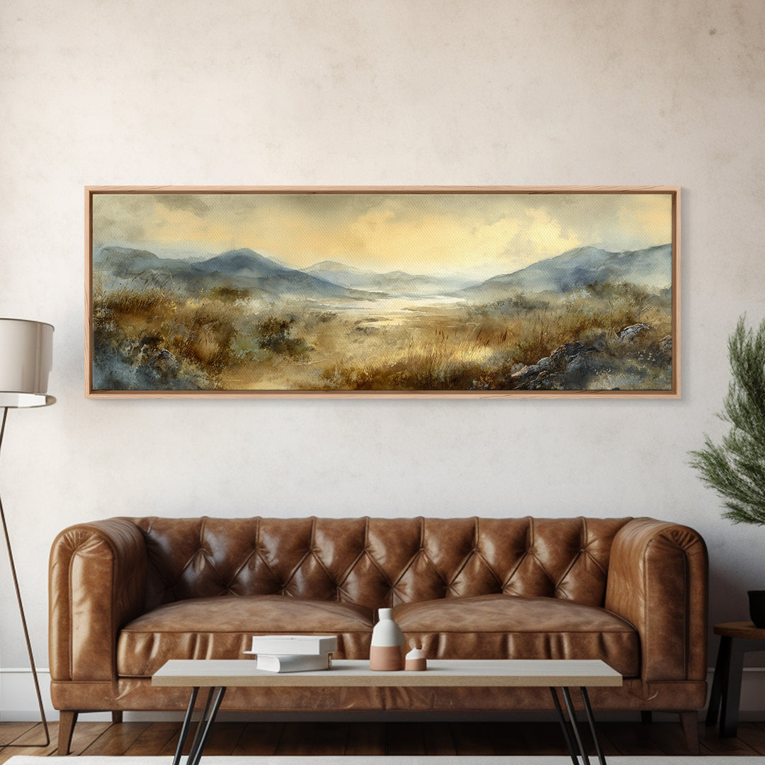Misty Mountain Valley at Sunrise Framed Canvas Print, Landscape Art, Boho Decor, Living Room Decor, Fine Art, Horizon, LAN-3x1-89