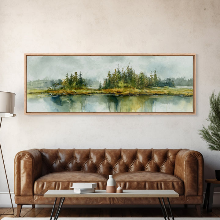 Quiet Lake Reflecting Pine Forest Canvas Print, Landscape Art, Digital Art, Living Room Decor, Fine Art, Horizon, Boho Wall Art, LAN-3x1-92