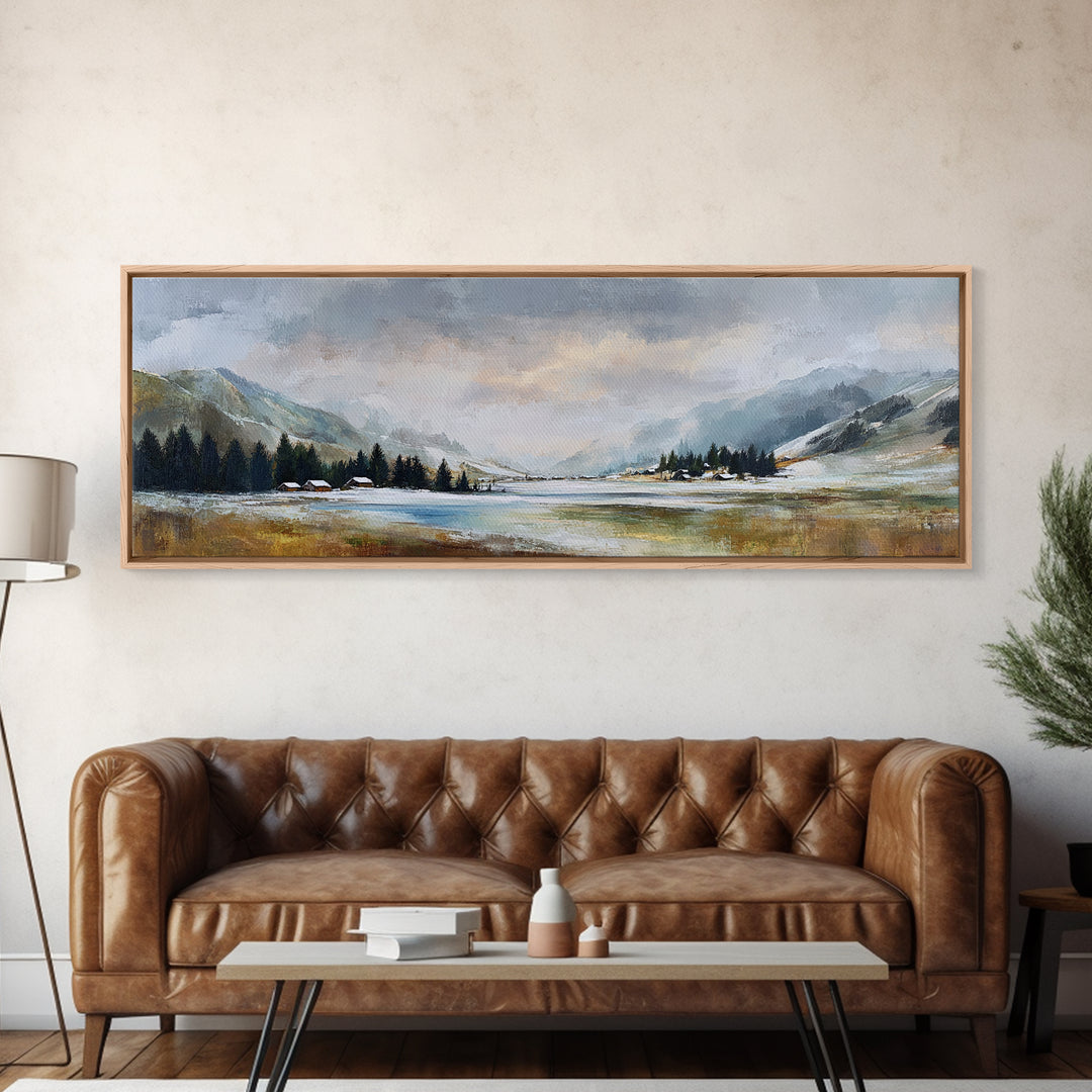 Snow Covered Alpine Village at Dusk Canvas Print, Landscape Art, Digital Art, Living Room Decor, Horizon, Boho Wall Art, LAN-3x1-95