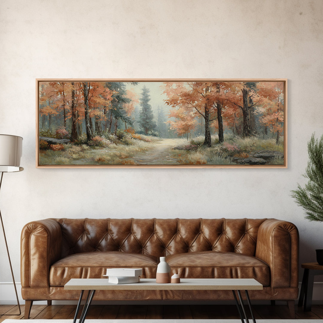 Autumn Forest Path Canvas Print, Landscape Art, Luxury Decor, Living Room Decor, Fine Art, Horizon, Digital Art, LAN-3x1-97
