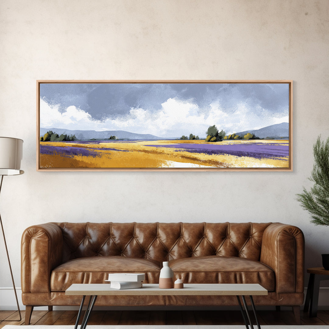 Lavender Field Leading to Distant Hills Canvas Print, Landscape Art, Living Room Wall Art, Living Room Decor, Oil Painting, LAN-3x1-98