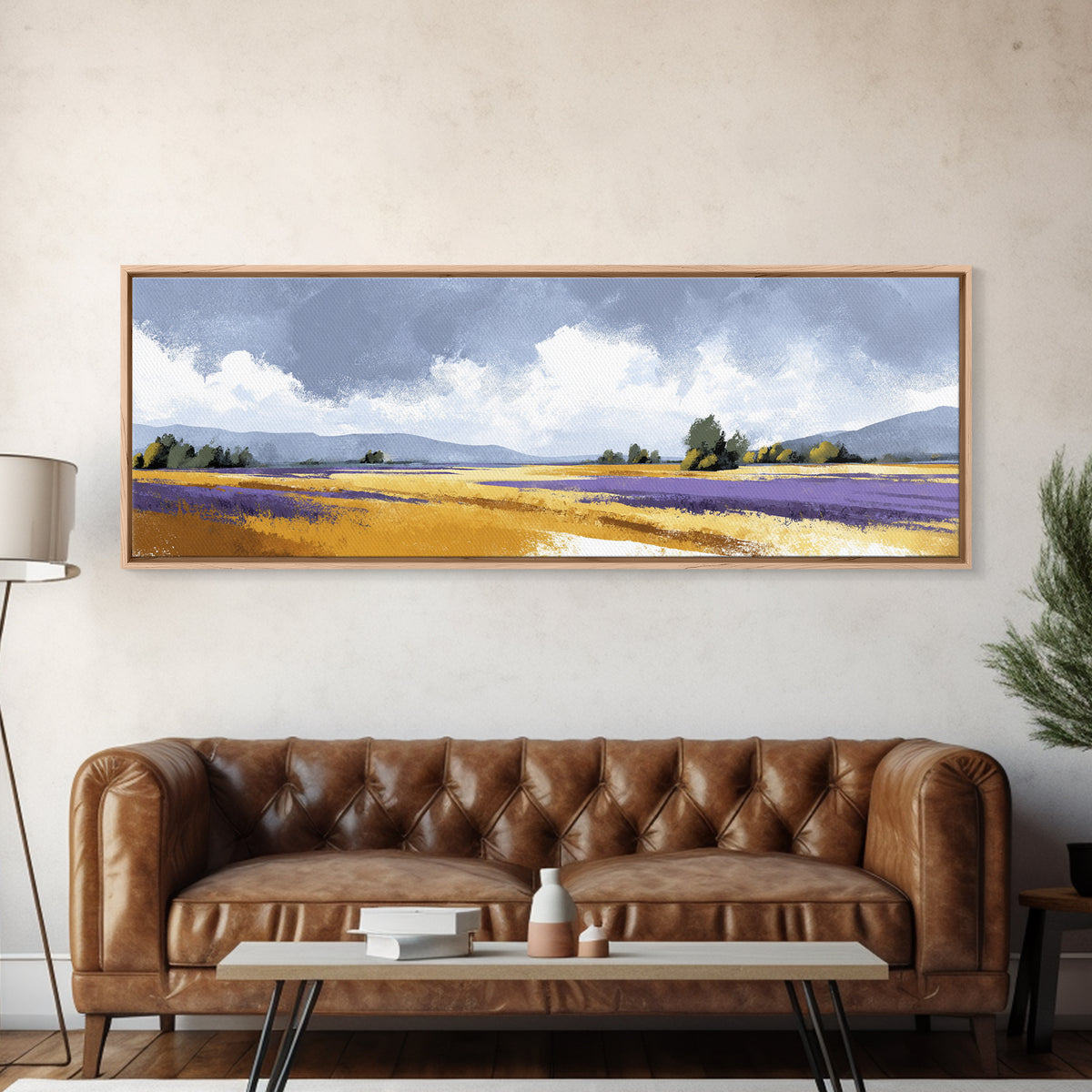 Lavender Field Leading to Distant Hills Canvas Print, Landscape Art, Living Room Wall Art, Living Room Decor, Oil Painting, LAN-3x1-98