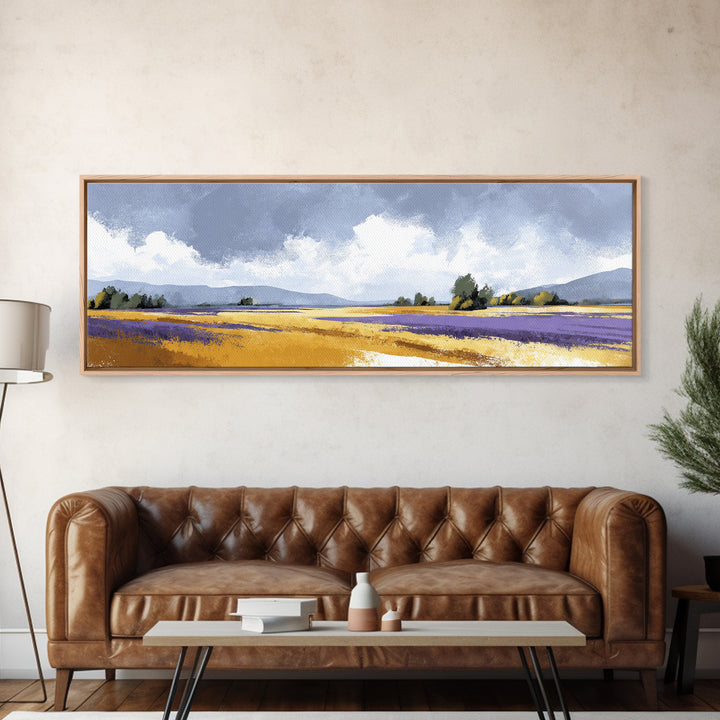 Lavender Field Leading to Distant Hills Canvas Print, Landscape Art, Living Room Wall Art, Living Room Decor, Oil Painting, LAN-3x1-98