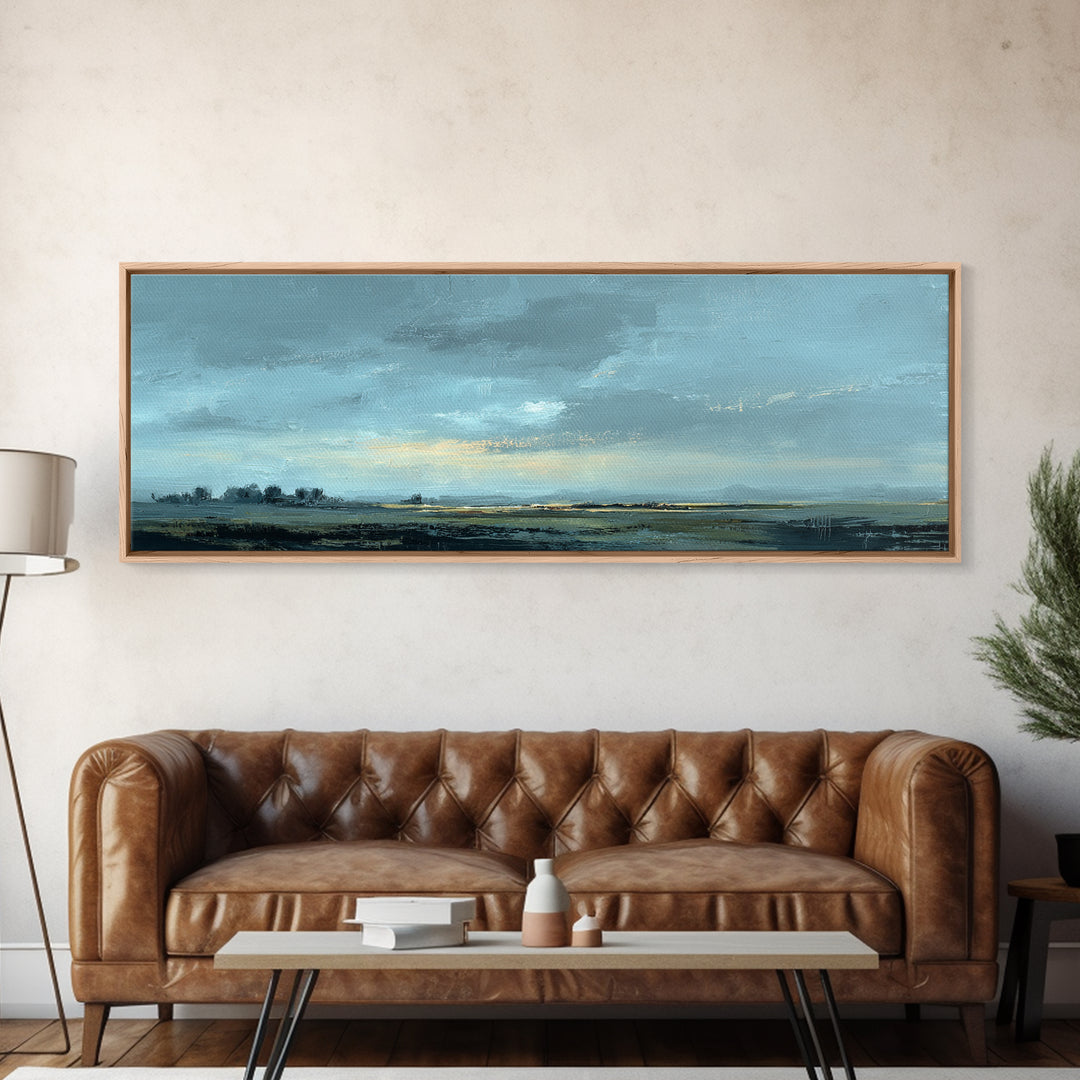 Desert Dunes under Pale Moon Framed Canvas Print, Landscape Art, Printable Wall Art, Living Room Decor, Oil Painting, Horizon, LAN-3x1-99