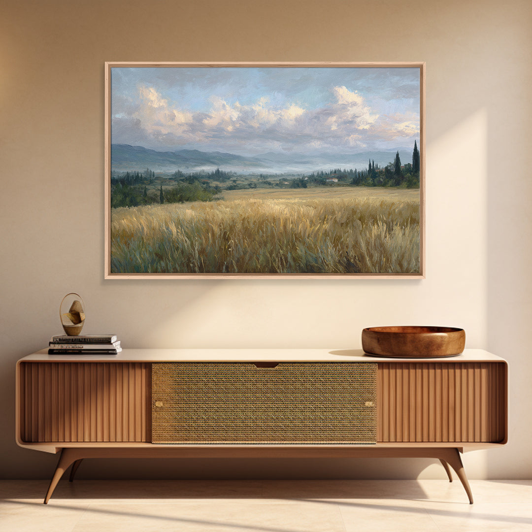 Golden Wheat Field Beneath Huge Clouds Framed Canvas Print, Landscape Art, Wall Art, Living Room Decor, Fine Art, Horizon, LAN-3x2-100