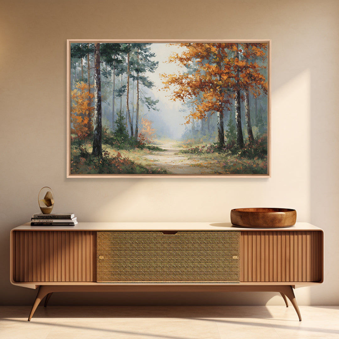 Autumn Forest Path Framed Canvas Print, Landscape Art, Wall Art Print, Living Room Decor, Fine Art, Horizon, Boho Decor, LAN-3x2-13