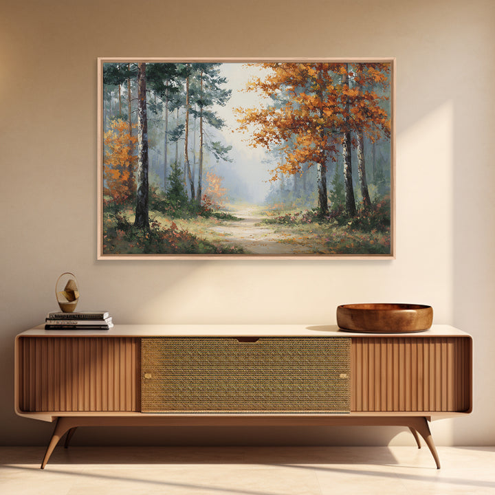 Autumn Forest Path Framed Canvas Print, Landscape Art, Wall Art Print, Living Room Decor, Fine Art, Horizon, Boho Decor, LAN-3x2-13