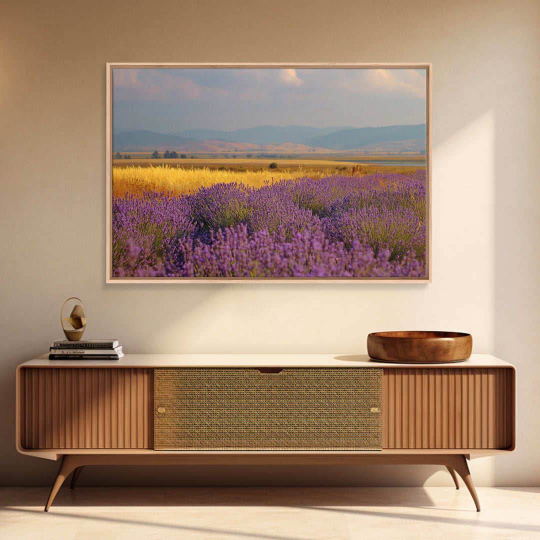 Lavender Field Leading to Distant Hills Framed Canvas Print, Landscape Art, Framed Wall Art, Living Room Decor, Oil Painting, LAN-3x2-14