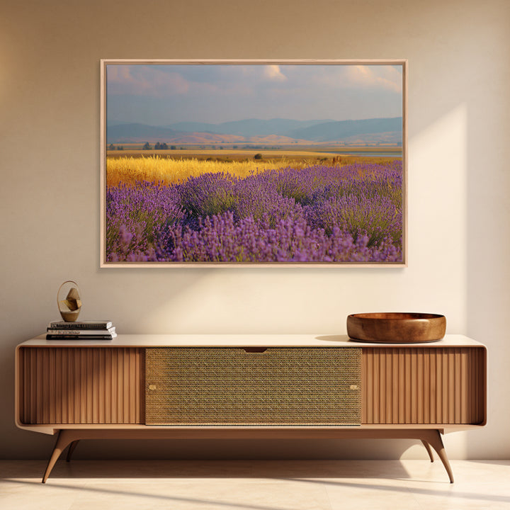 Lavender Field Leading to Distant Hills Framed Canvas Print, Landscape Art, Framed Wall Art, Living Room Decor, Oil Painting, LAN-3x2-14