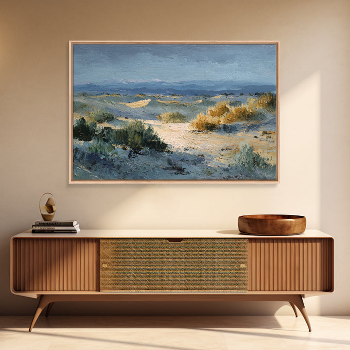 Desert Dunes under Pale Moon Framed Canvas Print, Landscape Art, Boho Wall Art, Living Room Decor, Fine Art, Horizon, LAN-3x2-15