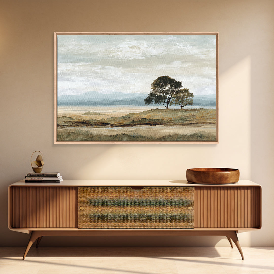 Wide Savanna with Acacia Silhouette Framed Canvas Print, Landscape Art, Living Room Wall Art, Living Room Decor, Oil Painting, LAN-3x2-23