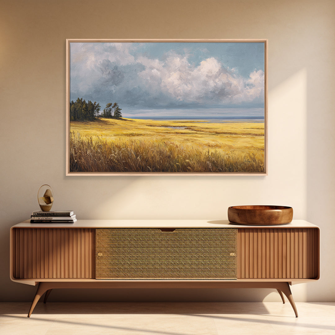 Golden Wheat Field Beneath Huge Clouds Canvas Print, Landscape Art, Horizontal Wall Art, Living Room Decor, Horizon, LAN-3x2-28