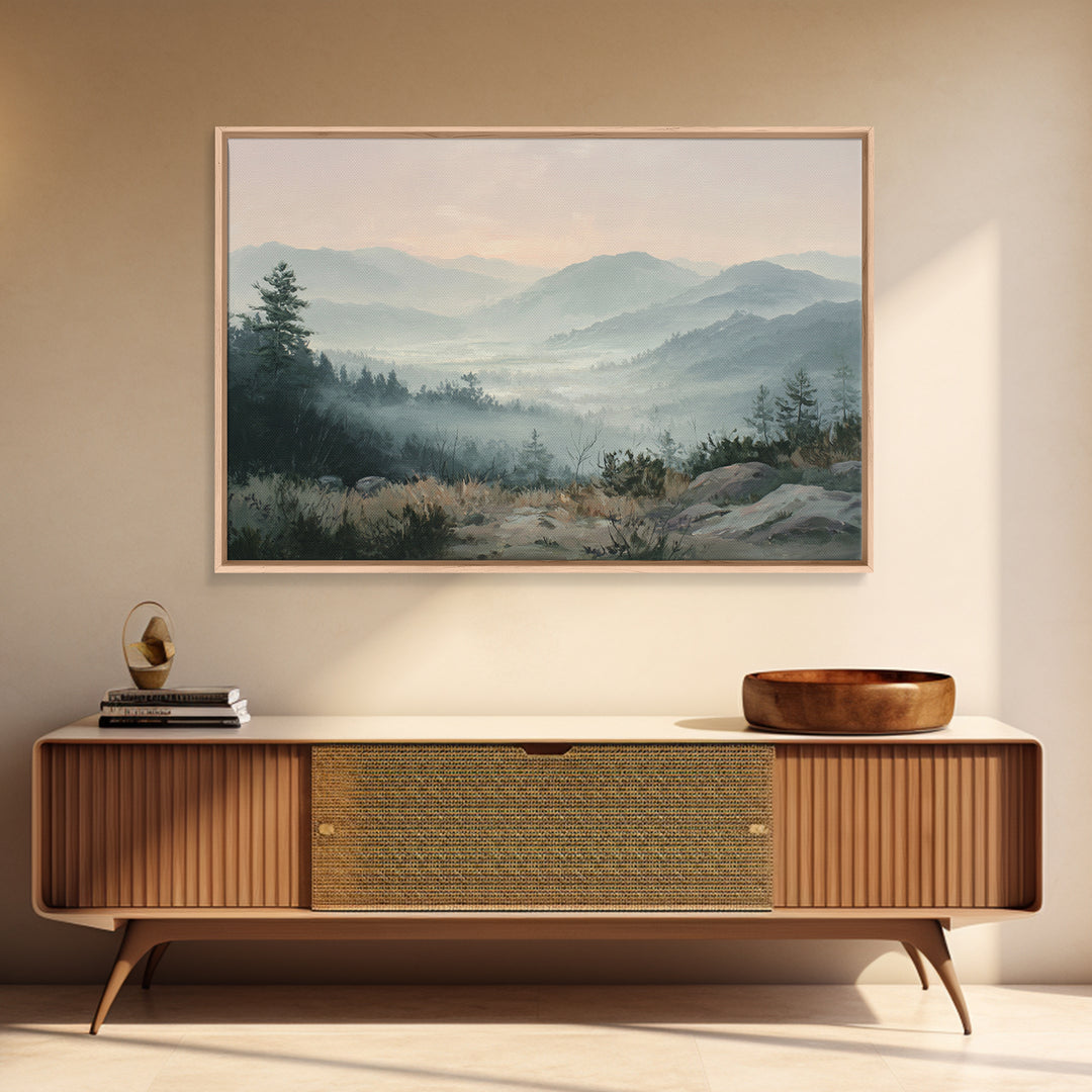 Misty Mountain Valley at Sunrise Canvas Print, Landscape Art, Modern Decor, Living Room Decor, Fine Art, Horizon, Wall Decor, LAN-3x2-29