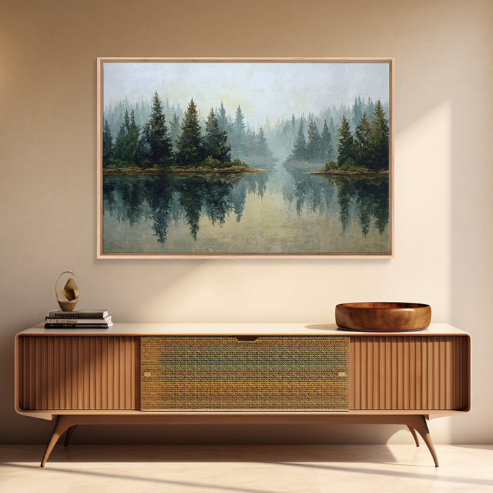 Quiet Lake Reflecting Pine Forest Canvas Print, Landscape Art, Living Room Wall Art, Living Room Decor, Oil Painting, Horizon, LAN-3x2-32