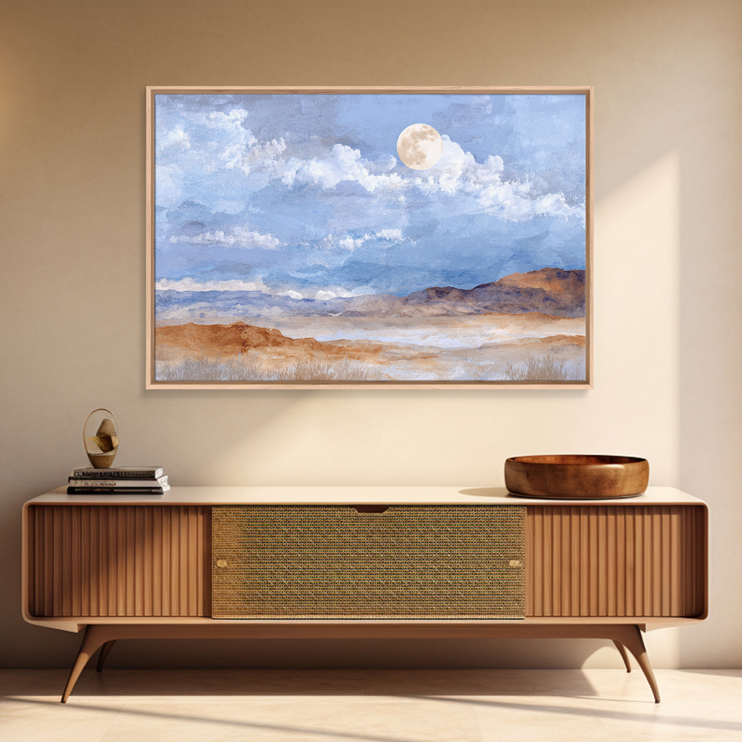 Desert Dunes under Pale Moon Framed Canvas Print, Landscape Art, Contemporary Art, Living Room Decor, Fine Art, Horizon, LAN-3x2-39