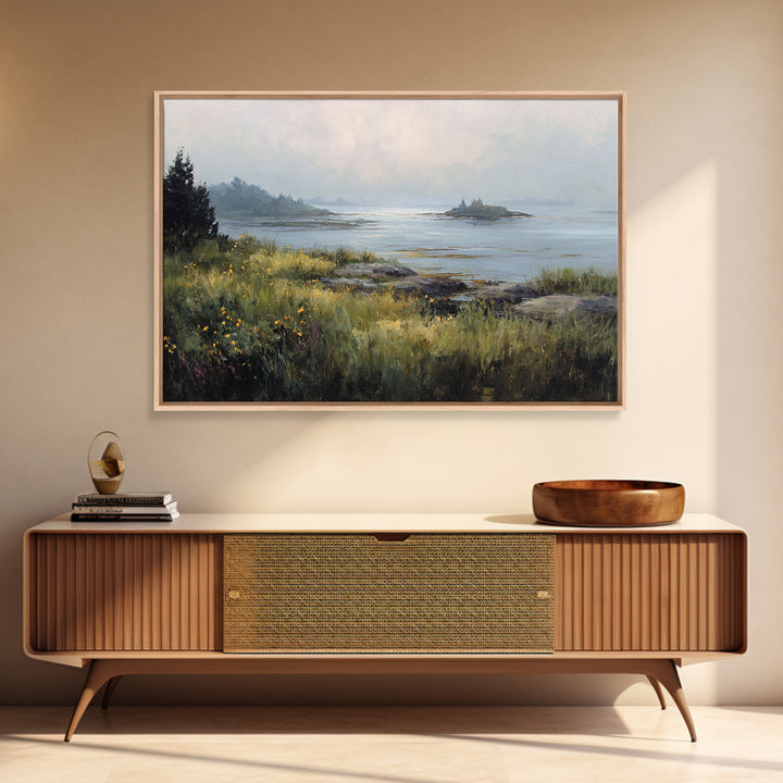 Sunlit Meadow with Wildflowers Framed Canvas Print, Landscape Art, Modern Art, Living Room Decor, Fine Art, Horizon, LAN-3x2-41