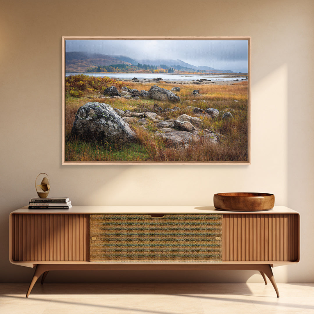 Rocky Scottish Highland Framed Canvas Print, Landscape Art, Gallery Decor, Living Room Decor, Fine Art, Horizon, Wall Art, LAN-3x2-45