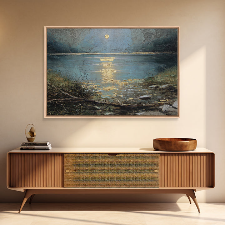 Moonlit River with Silver Reflections Canvas Print, Landscape Art, Neutral Decor, Living Room Decor, Oil Painting, Horizon, LAN-3x2-49