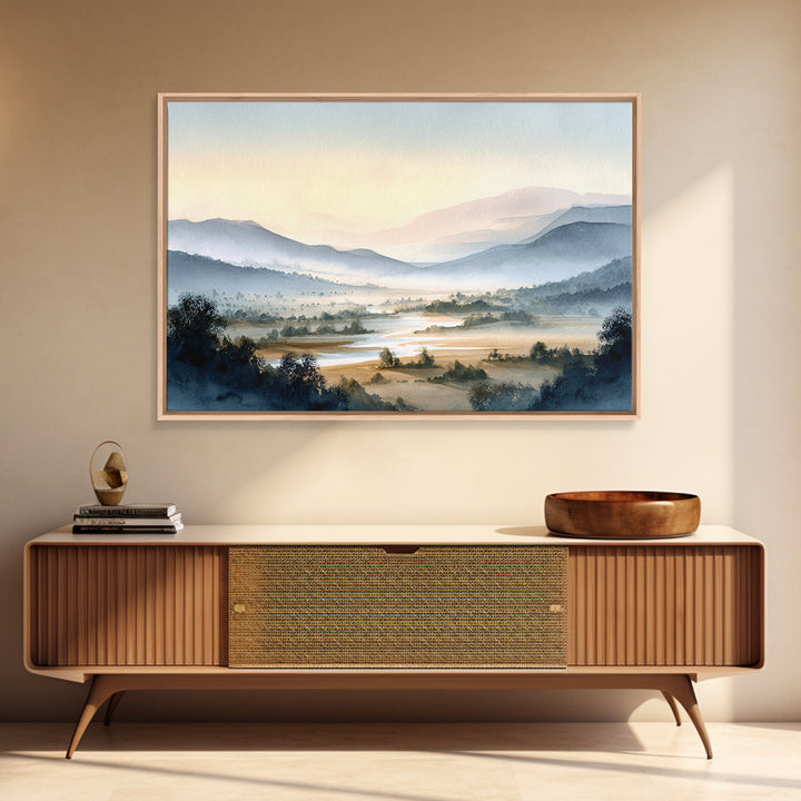 Misty Mountain Valley at Sunrise Framed Canvas Print, Landscape Art, Living Room Wall Art, Living Room Decor, Oil Painting, LAN-3x2-5