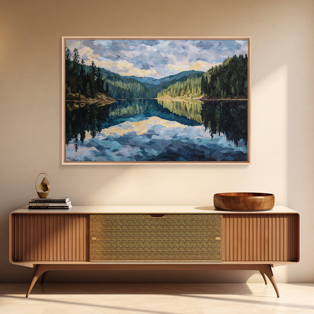 Quiet Lake Reflecting Pine Forest Canvas Print, Landscape Art, Room Decor, Living Room Decor, Fine Art, Horizon, LAN-3x2-56