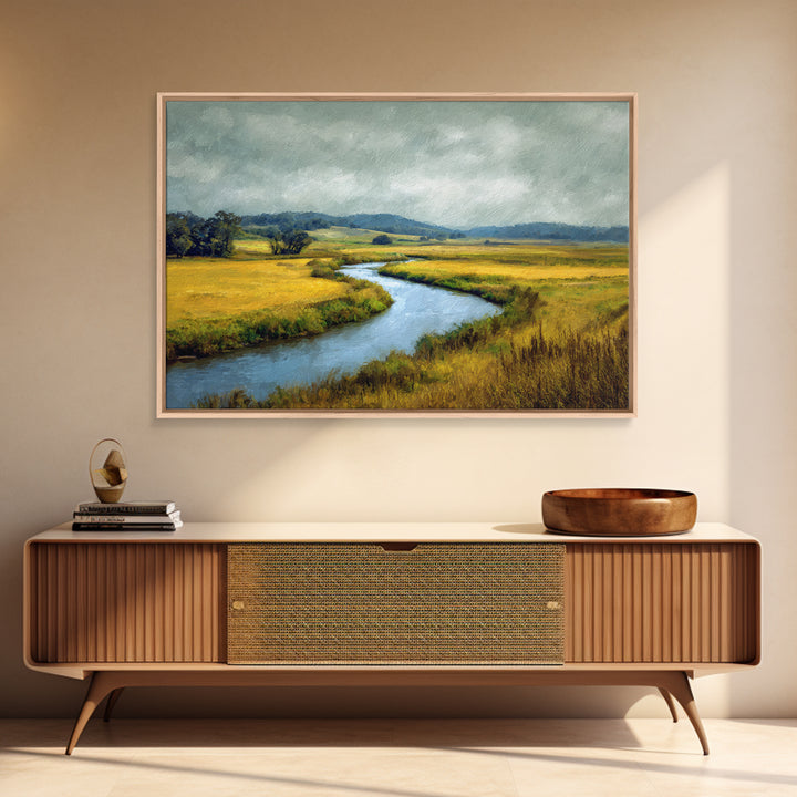 Winding River Through Golden Fields Framed Canvas Print, Landscape Art, Farmhouse Decor, Living Room Decor, Fine Art, Horizon, LAN-3x2-6