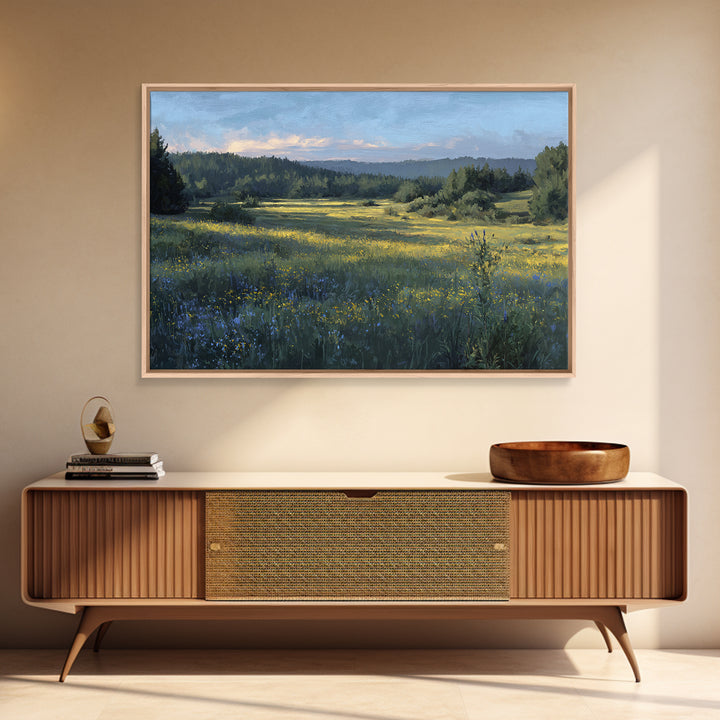 Sunlit Meadow with Wildflowers Framed Canvas Print, Landscape Art, Modern Art, Living Room Decor, Fine Art, Horizon, LAN-3x2-65