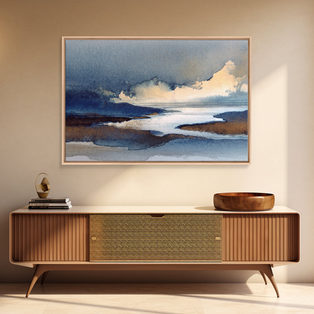 Moonlit River with Silver Reflections Canvas Print, Landscape Art, Neutral Decor, Living Room Decor, Oil Painting, Horizon, LAN-3x2-73