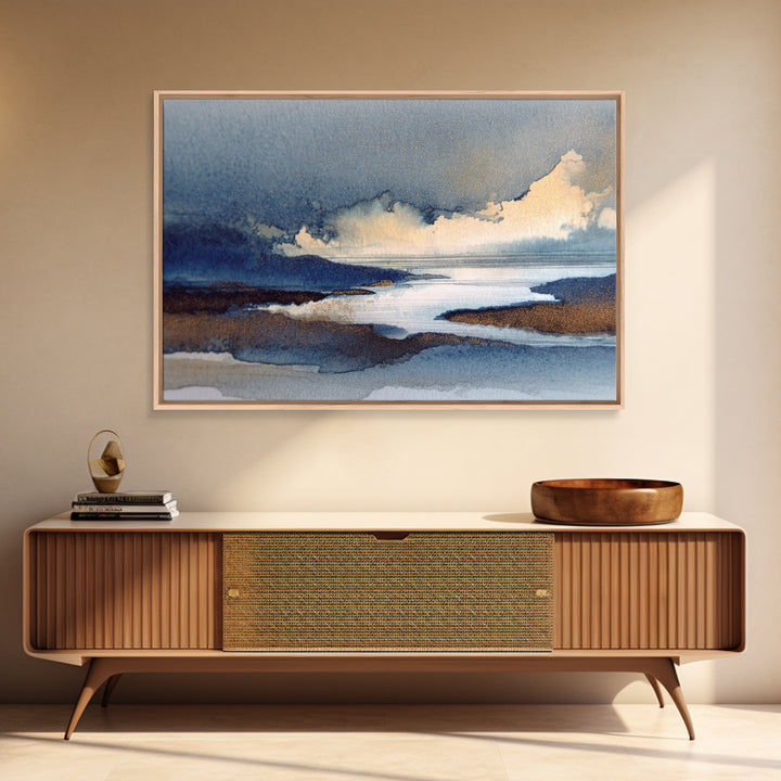 Moonlit River with Silver Reflections Canvas Print, Landscape Art, Neutral Decor, Living Room Decor, Oil Painting, Horizon, LAN-3x2-73