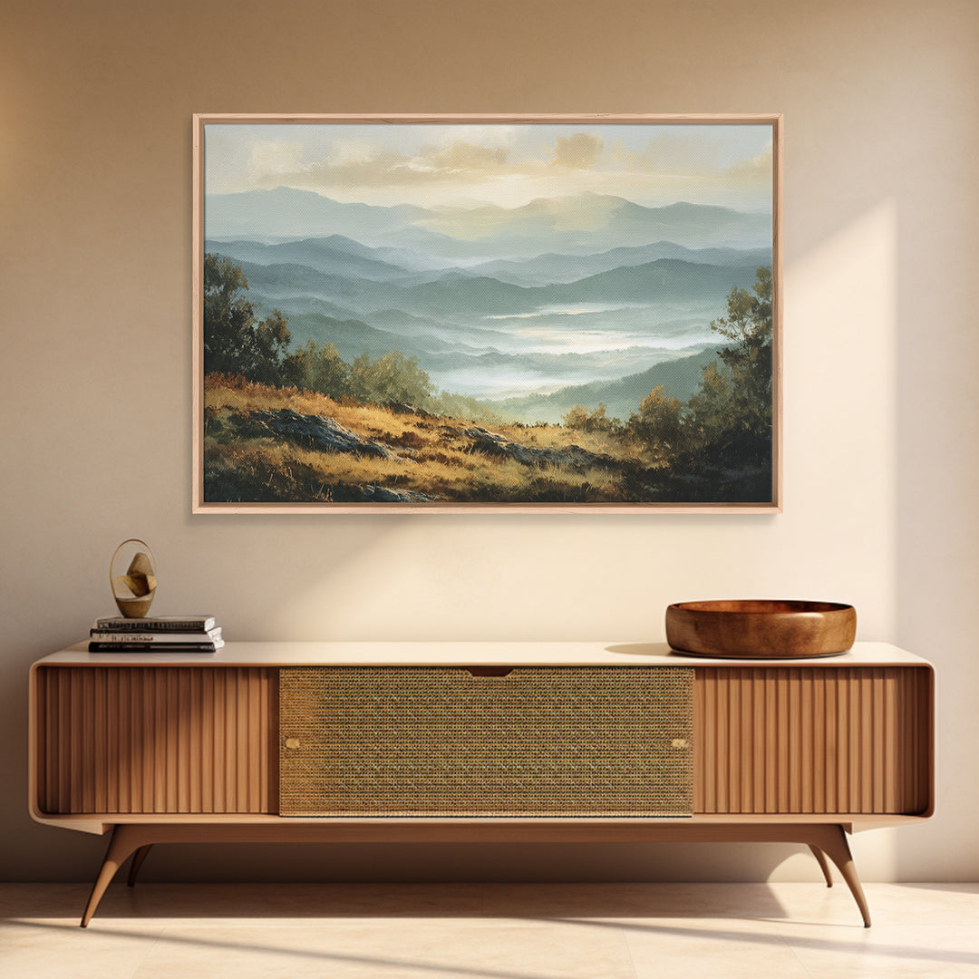 Misty Mountain Valley at Sunrise Framed Canvas Print, Landscape Art, Room Decor, Living Room Decor, Fine Art, Horizon, LAN-3x2-77