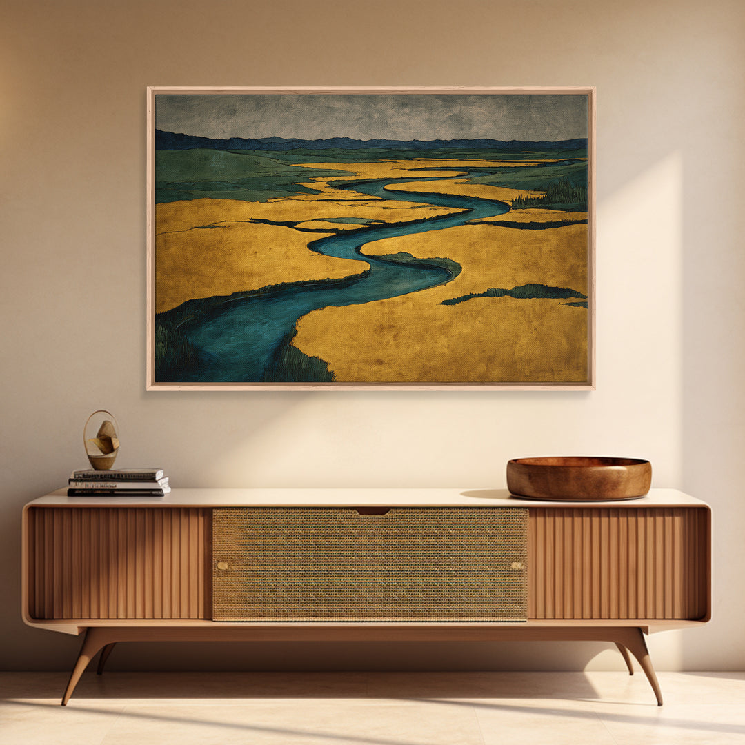 Winding River Through Golden Fields Framed Canvas Print, Landscape Art, Set of 3 Prints, Living Room Decor, Fine Art, Horizon, LAN-3x2-78