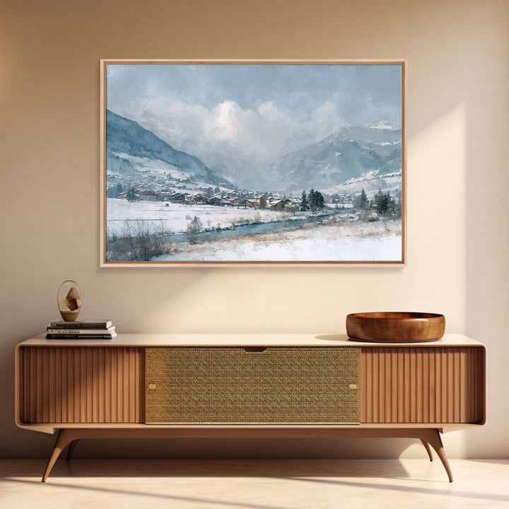 Snow Covered Alpine Village at Dusk Canvas Print, Landscape Art, Framed Wall Art, Living Room Decor, Oil Painting, Horizon, LAN-3x2-83