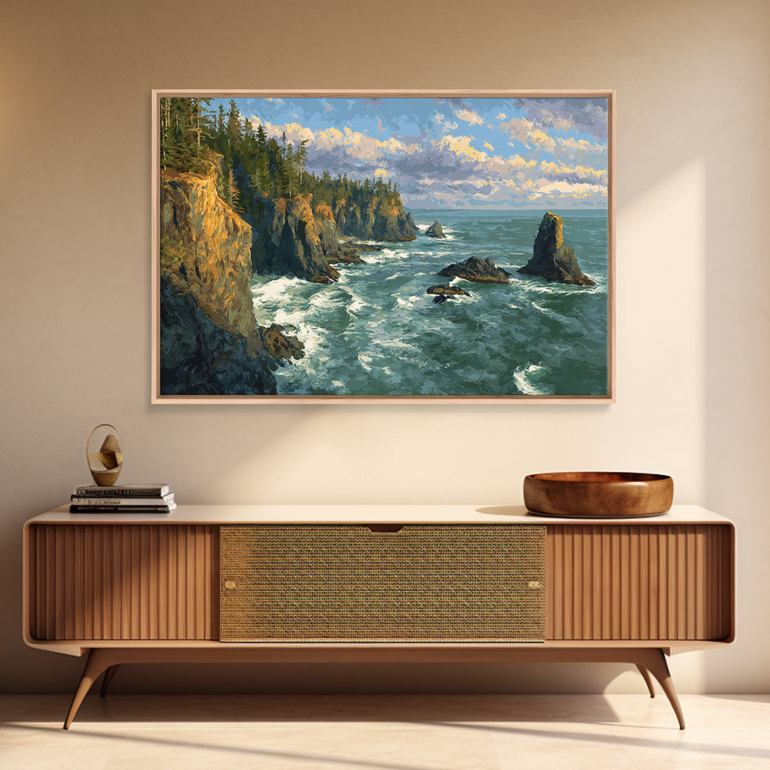 Coastal Cliffs with Crashing Waves Canvas Print, Landscape Art, Wall Decor, Living Room Decor, Fine Art, Horizon, Digital Print, LAN-3x2-84