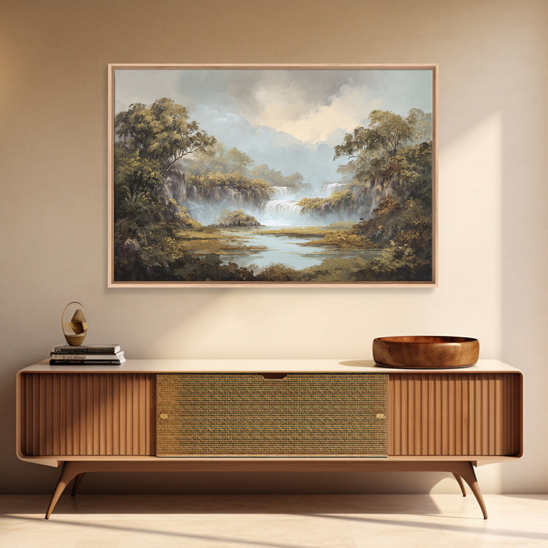 Tropical Jungle Waterfall Framed Canvas Print, Landscape Art, Digital Prints, Living Room Decor, Horizon, Farmhouse Decor, LAN-3x2-92