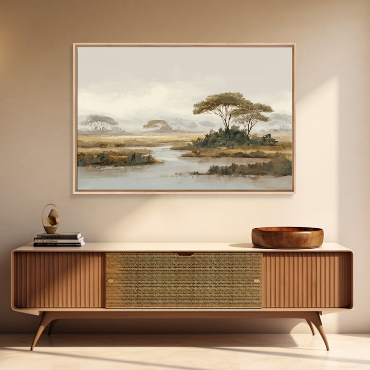 Wide Savanna with Acacia Silhouette Framed Canvas Print, Landscape Art, Digital Wall Art, Living Room Decor, Fine Art, Horizon, LAN-3x2-95