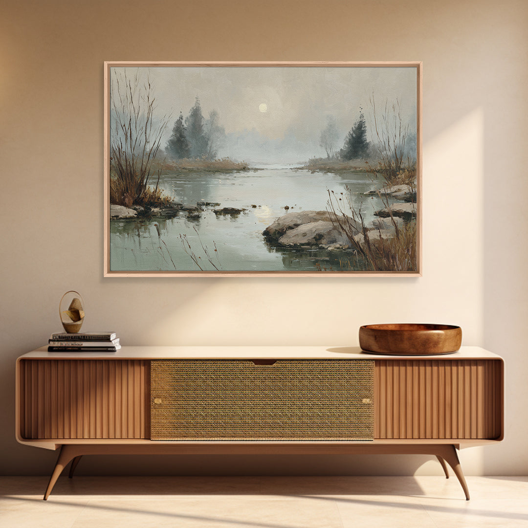 Moonlit River with Silver Reflections Framed Canvas Print, Landscape Art, Luxury Decor, Living Room Decor, Fine Art, Horizon, LAN-3x2-97
