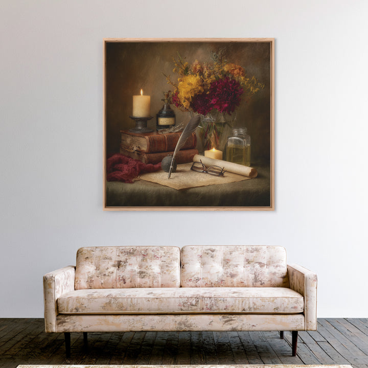 Fountain Pen and Parchment Framed Canvas Print, Library Art, Painting, Library Decor, Fine Art, Archive, Halloween Printable, LIB-1x1-12