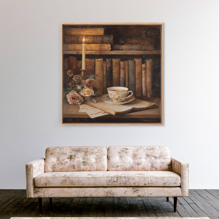 Teacup Beside a Novel and Roses Canvas Print, Library Art, Black Cat Art, Library Decor, Fine Art, Archive, Luxury Decor, LIB-1x1-14