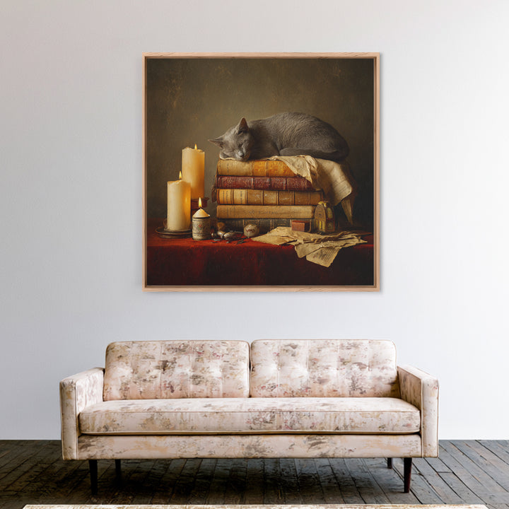 Cat Sleeping on a Book Stack Canvas Print, Library Art, Moody Wall Art, Library Decor, Fine Art, Archive, Gallery Decor, LIB-1x1-31