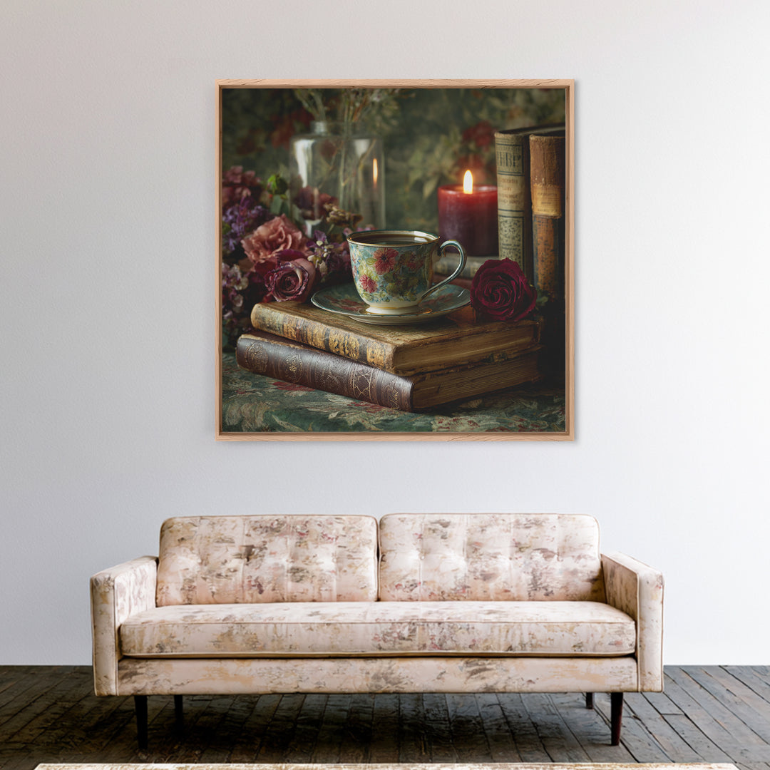Teacup Beside a Novel and Roses Framed Canvas Print, Library Art, Gallery Decor, Library Decor, Fine Art, Archive, Wall Art, LIB-1x1-38