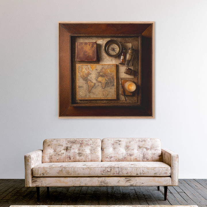 Map and Compass on Leather Bound Atlas Framed Canvas Print, Library Art, Room Decor, Library Decor, Fine Art, Archive, LIB-1x1-40
