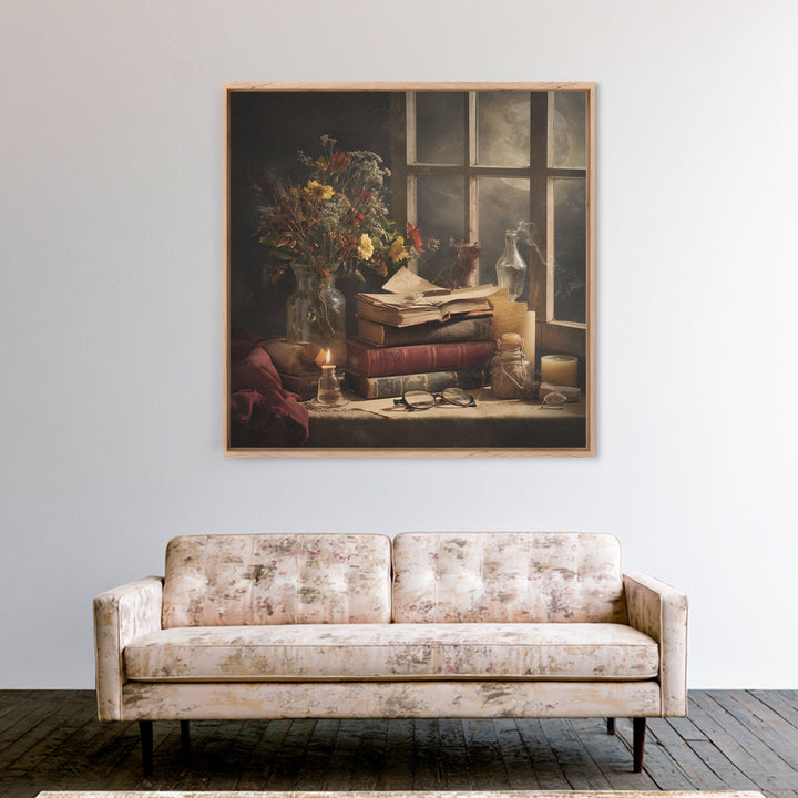 Moonlit Window with Floating Pages Framed Canvas Print, Library Art, Dark Academia Decor, Library Decor, Fine Art, Archive, LIB-1x1-56
