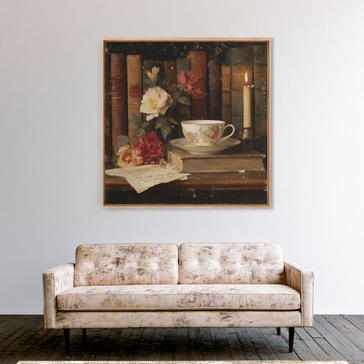 Teacup Beside a Novel and Roses Framed Canvas Print, Library Art, Gallery Decor, Library Decor, Fine Art, Archive, Wall Art, LIB-1x1-62