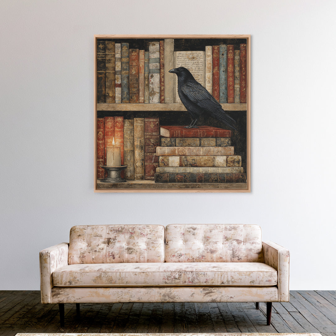 Black Raven Perched on Closed Book Framed Canvas Print, Library Art, Reading Nook Decor, Library Decor, Fine Art, Archive, LIB-1x1-70