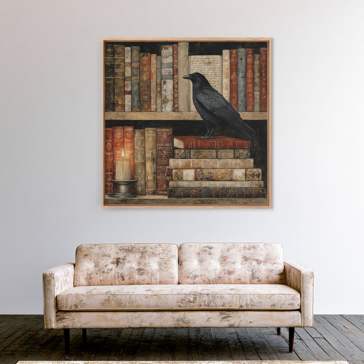Black Raven Perched on Closed Book Framed Canvas Print, Library Art, Reading Nook Decor, Library Decor, Fine Art, Archive, LIB-1x1-70