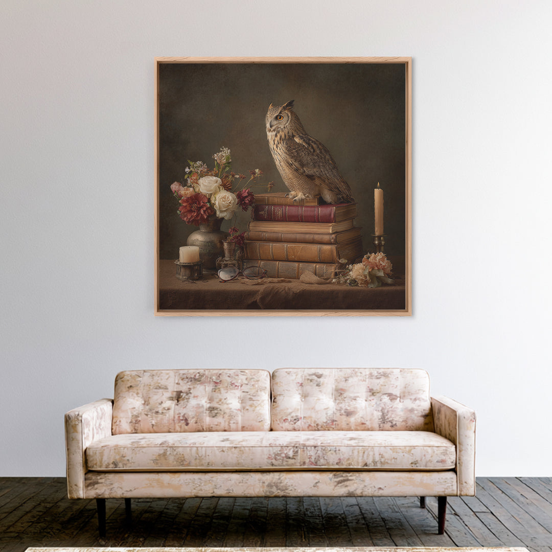 Owl Perched on a Pile of Antique Framed Canvas Print, Library Art, Fine Art Print, Library Decor, Fine Art, Archive, Painting, LIB-1x1-74