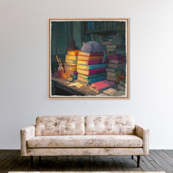 Cat Sleeping on a Book Stack Framed Canvas Print, Library Art, Boho Decor, Library Decor, Oil Painting, Archive, Digital Art, LIB-1x1-79