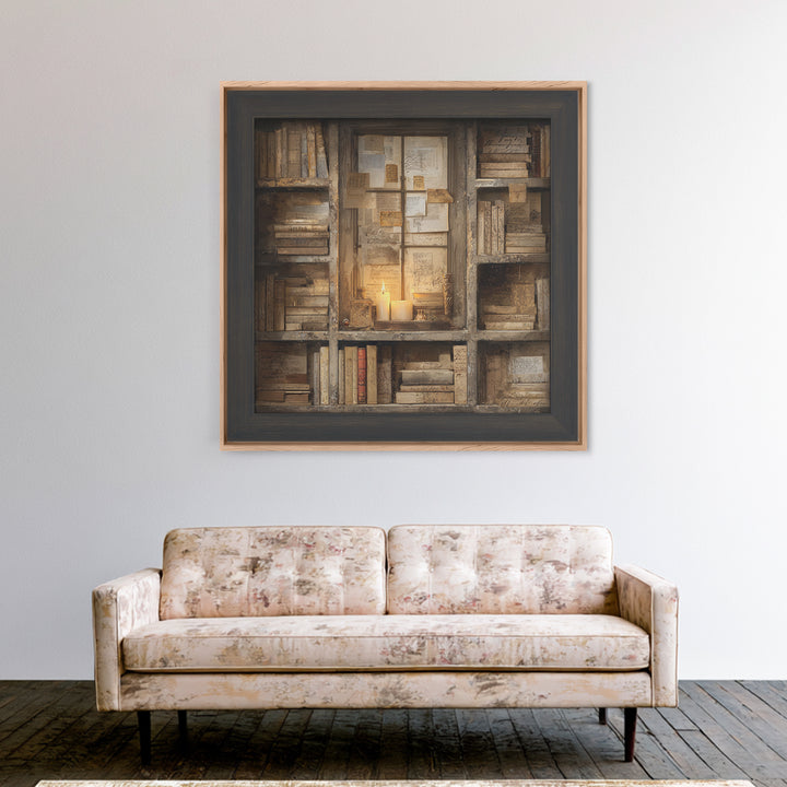 Moonlit Window with Floating Pages Framed Canvas Print, Library Art, Fine Art Print, Library Decor, Fine Art, Archive, LIB-1x1-80